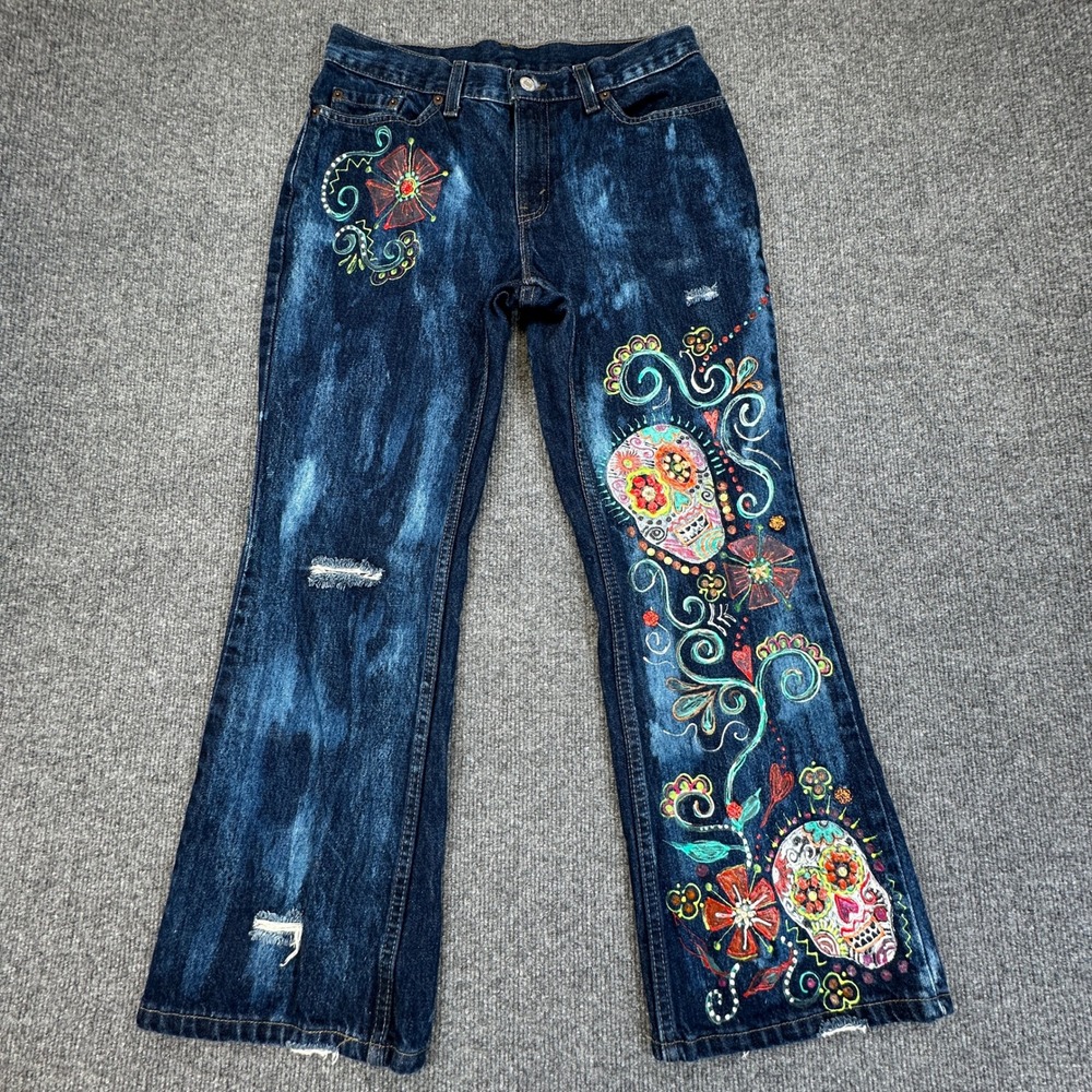 Levis 515 Bootcut Jeans Size 10 S Petite Custom Hand Painted‎ Skull Vintage Y2K